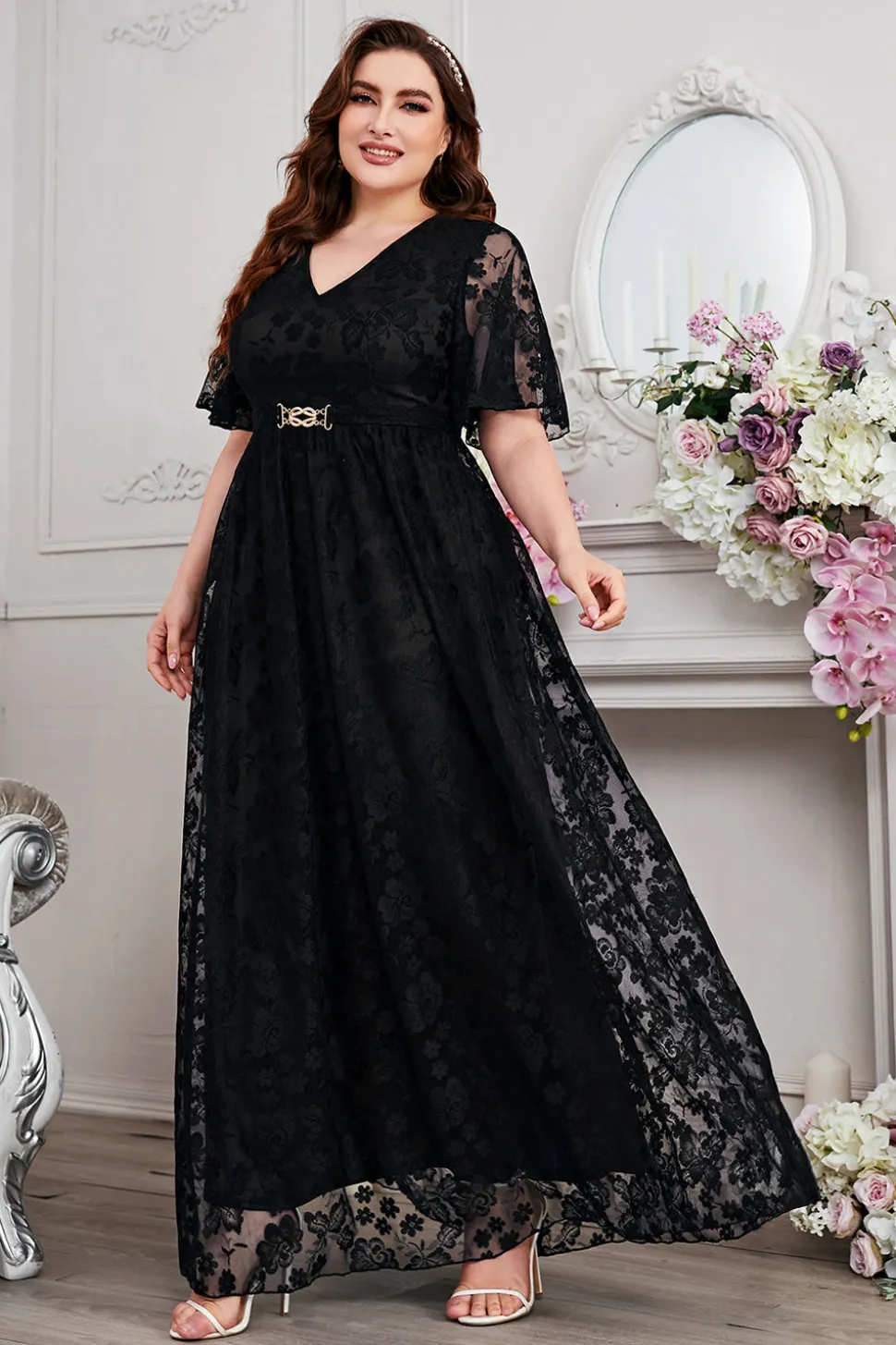 Navy A-Line Lace V-Neck mangas curtas longa mãe do vestido da noiva