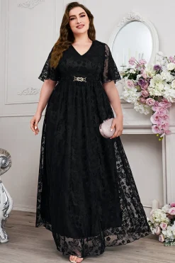 Navy A-Line Lace V-Neck mangas curtas longa mãe do vestido da noiva