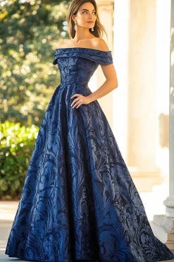 Navy A-Line Off the Shoulder Ruched Jacquard Long Mother of the Bride Dress