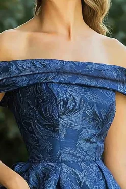 Navy A-Line Off the Shoulder Ruched Jacquard Long Mother of the Bride Dress