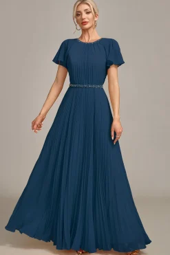 Navy A-line pescoço redondo plissado mãe de vestido de noiva com mangas curtas