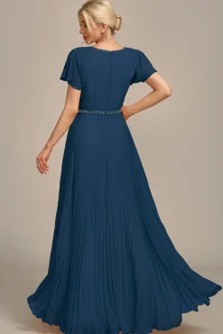Navy A-line pescoço redondo plissado mãe de vestido de noiva com mangas curtas