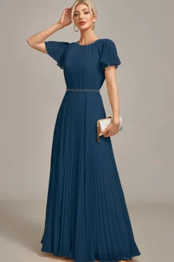 Navy A-line pescoço redondo plissado mãe de vestido de noiva com mangas curtas