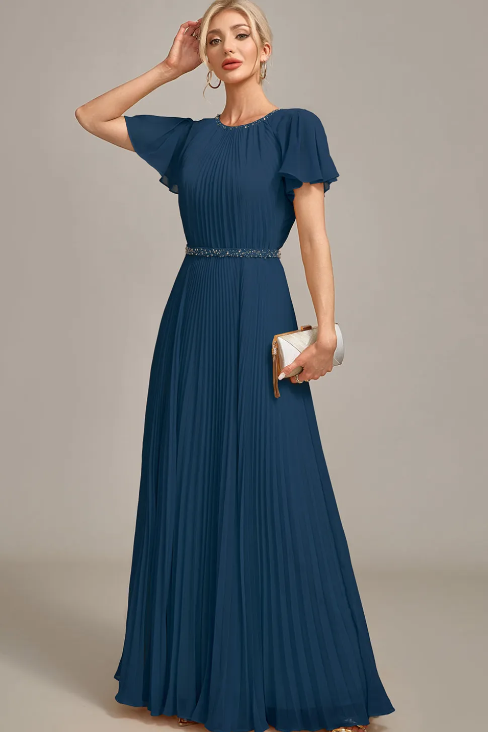 Navy A-line pescoço redondo plissado mãe de vestido de noiva com mangas curtas