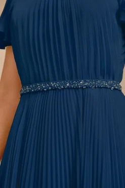 Navy A-line pescoço redondo plissado mãe de vestido de noiva com mangas curtas
