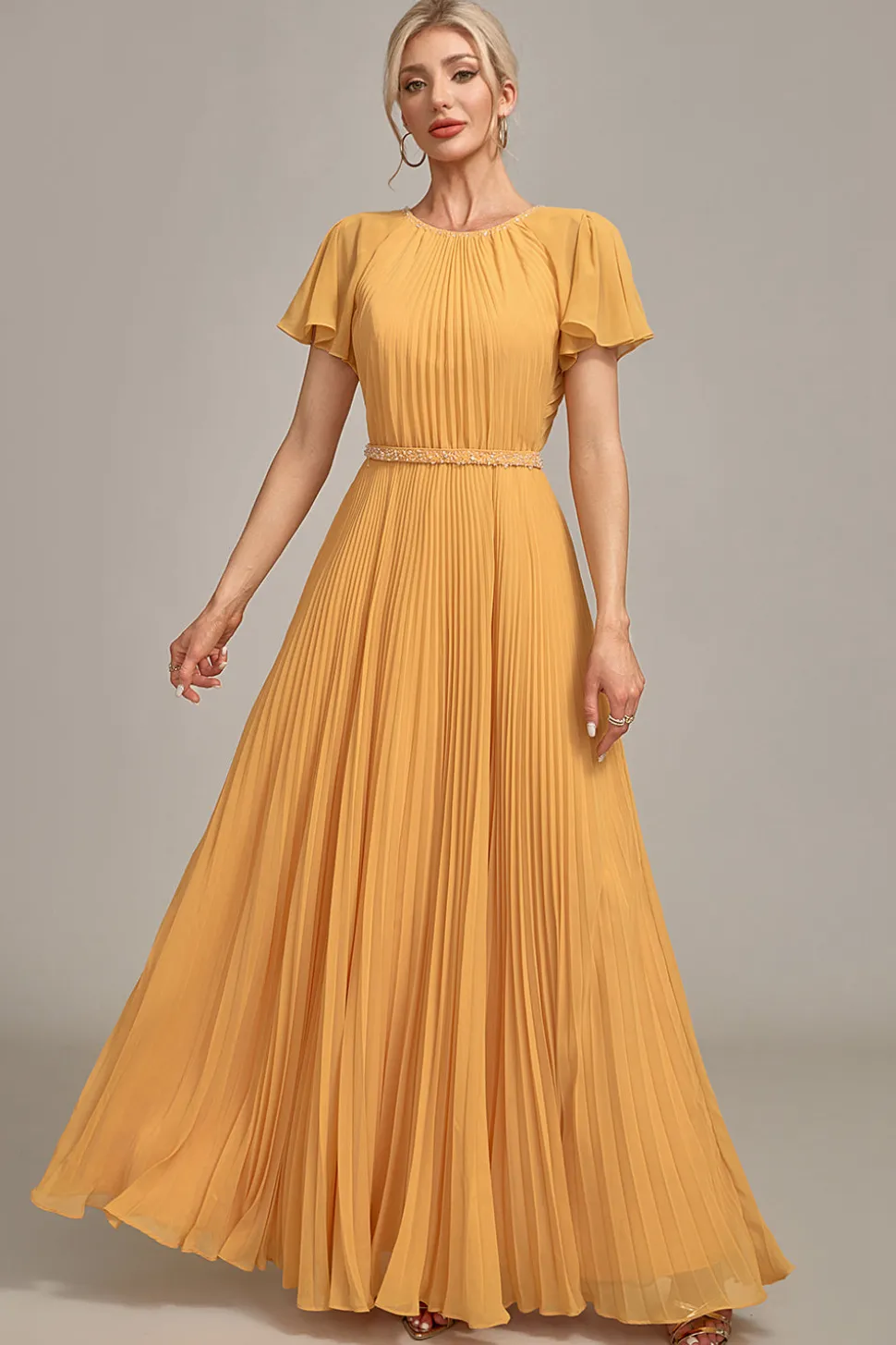 Navy A-line pescoço redondo plissado mãe de vestido de noiva com mangas curtas