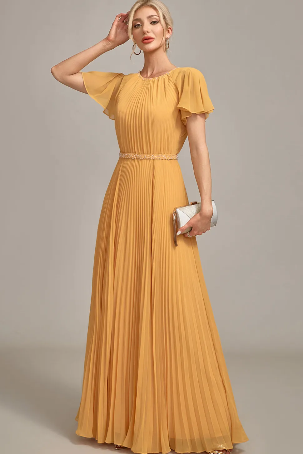 Navy A-line pescoço redondo plissado mãe de vestido de noiva com mangas curtas