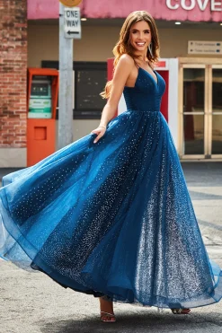Navy A-Line V-Neck Long Beaded Tulle Prom vestidos com pregas