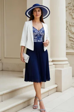 Navy A-Line V-Neck 2-Piece Mãe do Vestido da Noiva com Pregas