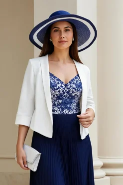 Navy A-Line V-Neck 2-Piece Mãe do Vestido da Noiva com Pregas