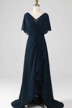 Navy A-Line V-Neck Sequins assimétricos mãe do vestido da noiva com missangas