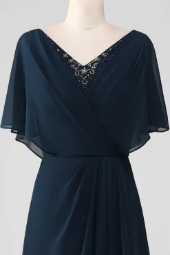 Navy A-Line V-Neck Sequins assimétricos mãe do vestido da noiva com missangas