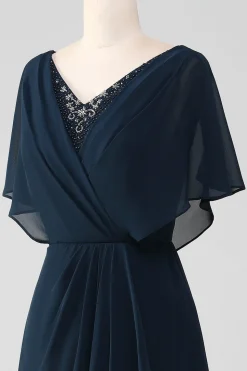 Navy A-Line V-Neck Sequins assimétricos mãe do vestido da noiva com missangas