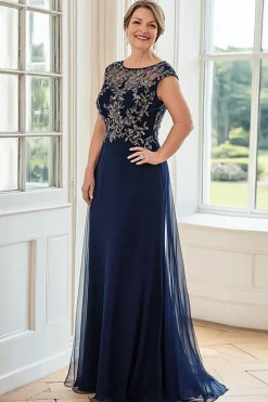 Navy Bainha Barco Pescoço Renda Appliqued Long Mother Of The Bride Dress