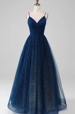 Navy Ball-Gown V-Neck Long Beaded Tulle Prom vestidos com pregas