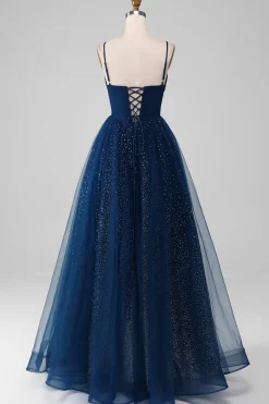 Navy Ball-Gown V-Neck Long Beaded Tulle Prom vestidos com pregas