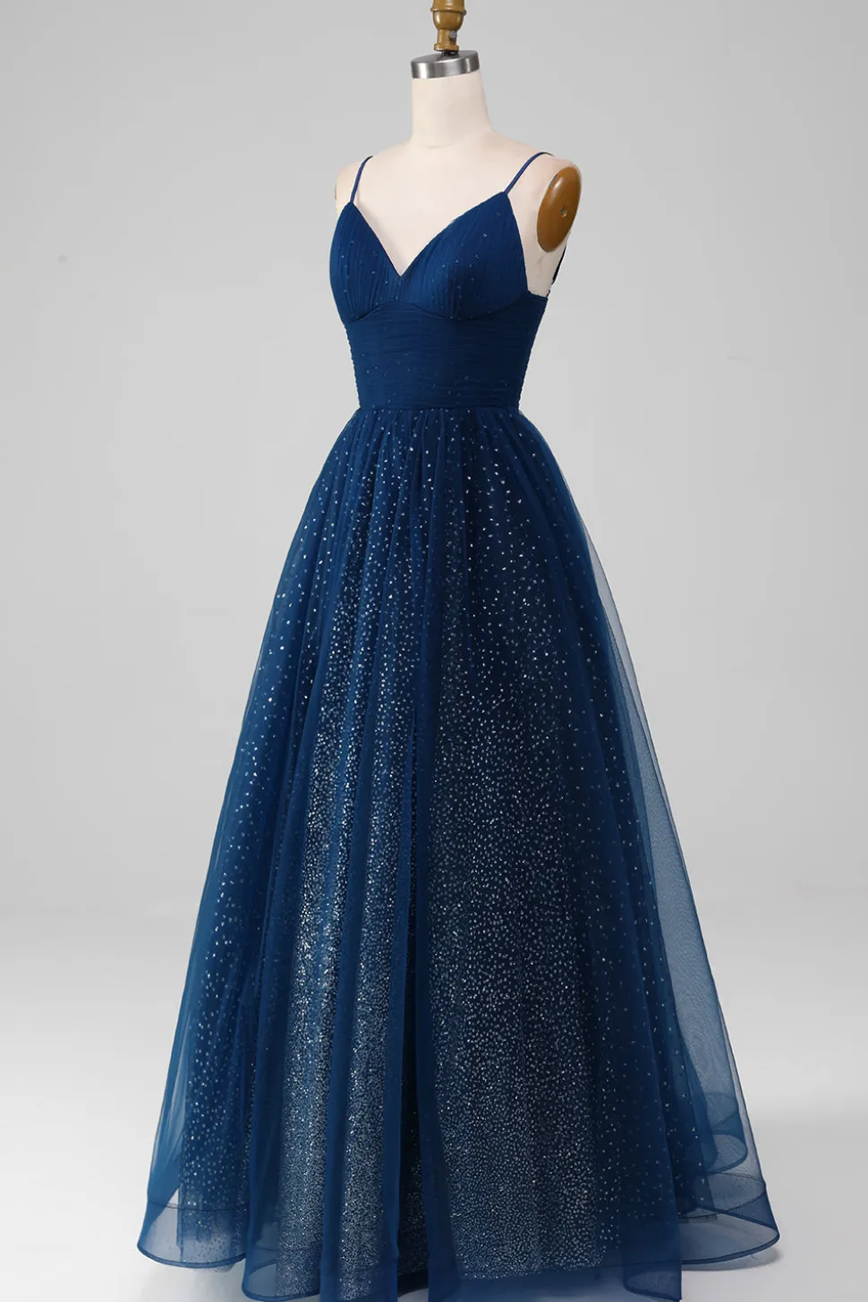 Navy Ball-Gown V-Neck Long Beaded Tulle Prom vestidos com pregas