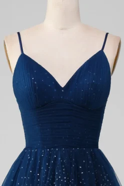 Navy Ball-Gown V-Neck Long Beaded Tulle Prom vestidos com pregas