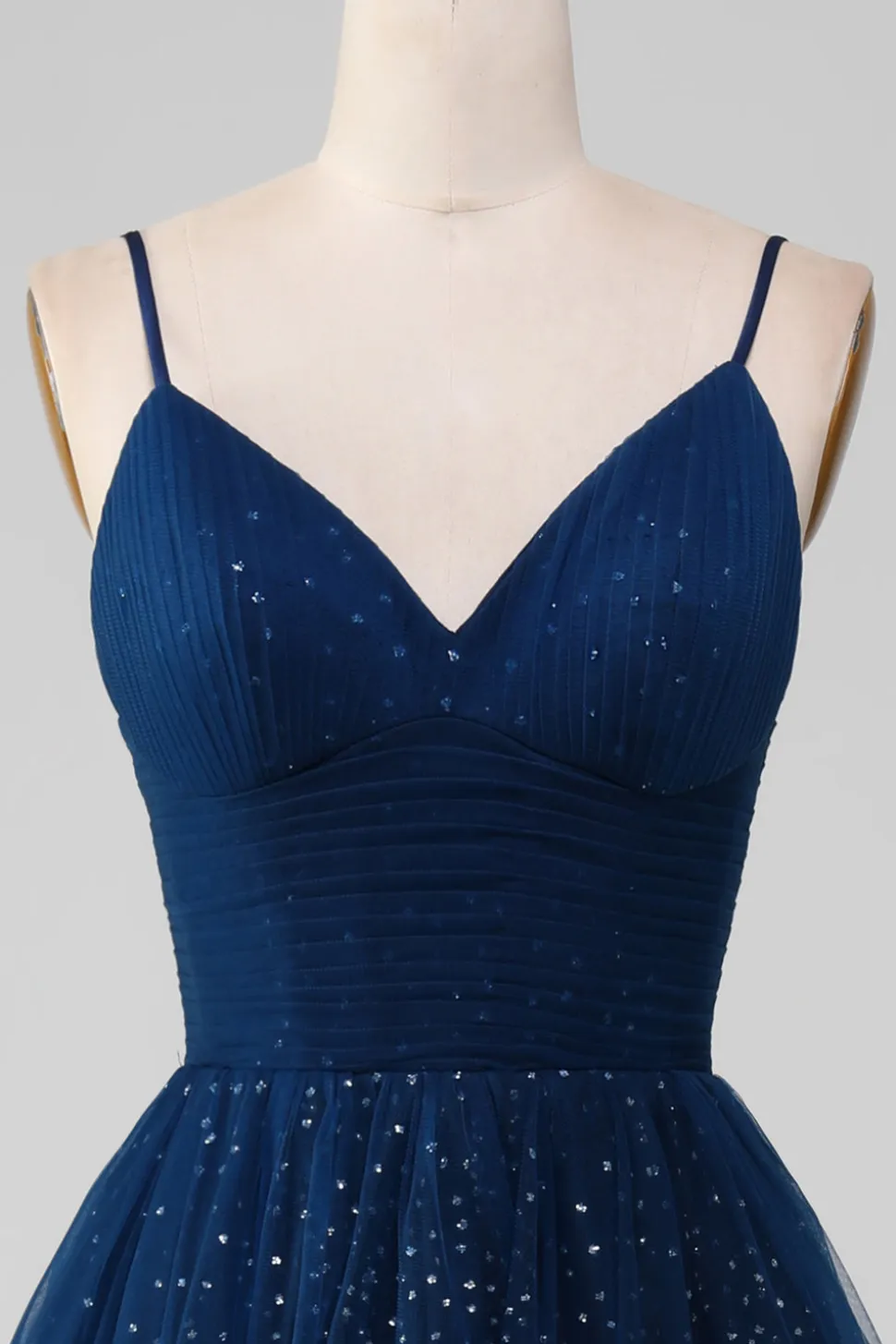 Navy Ball-Gown V-Neck Long Beaded Tulle Prom vestidos com pregas