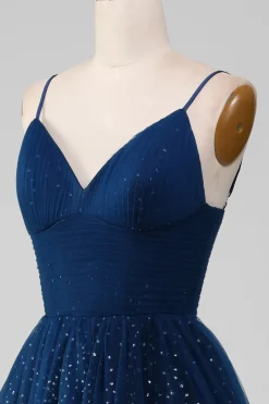Navy Ball-Gown V-Neck Long Beaded Tulle Prom vestidos com pregas