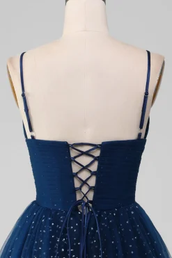Navy Ball-Gown V-Neck Long Beaded Tulle Prom vestidos com pregas