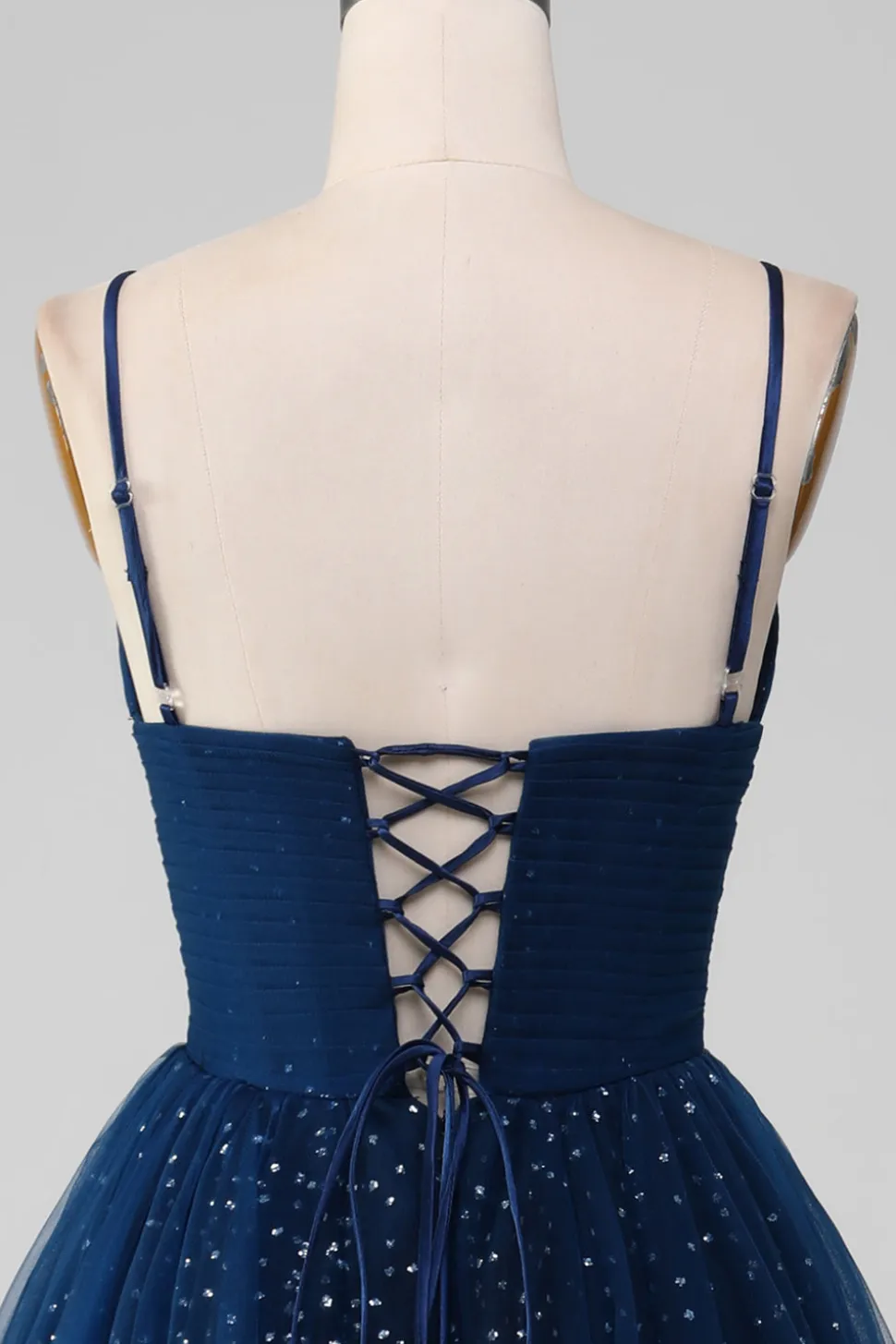 Navy Ball-Gown V-Neck Long Beaded Tulle Prom vestidos com pregas