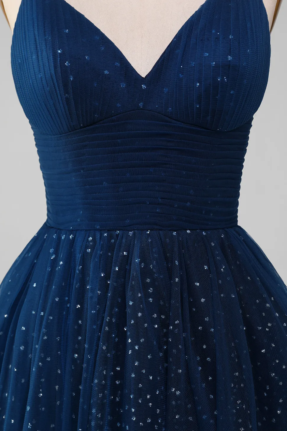 Navy Ball-Gown V-Neck Long Beaded Tulle Prom vestidos com pregas