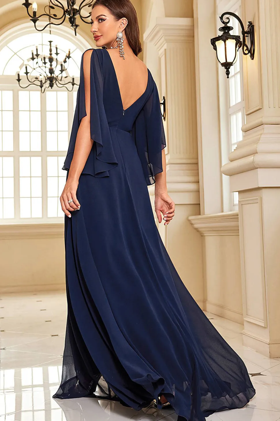 Navy Bat mangas Chiffon vestido formal com fenda