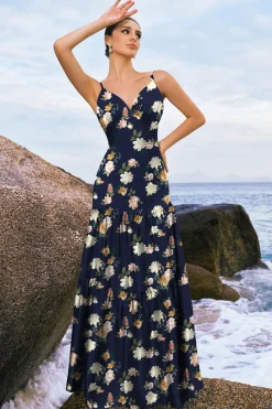 Navy Bloom A-Line Esparguete Correias Backless Print Cetim Long Vestido de Dama de Honra