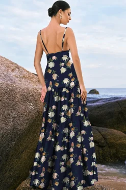 Navy Bloom A-Line Esparguete Correias Backless Print Cetim Long Vestido de Dama de Honra