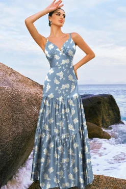 Navy Bloom A-Line Esparguete Correias Backless Print Cetim Long Vestido de Dama de Honra