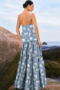 Navy Bloom A-Line Esparguete Correias Backless Print Cetim Long Vestido de Dama de Honra