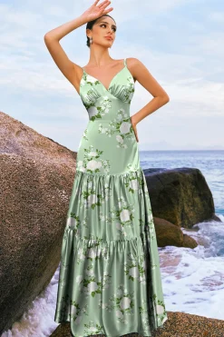 Navy Bloom A-Line Esparguete Correias Backless Print Cetim Long Vestido de Dama de Honra