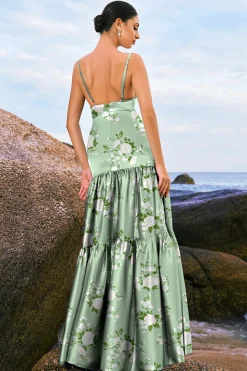Navy Bloom A-Line Esparguete Correias Backless Print Cetim Long Vestido de Dama de Honra