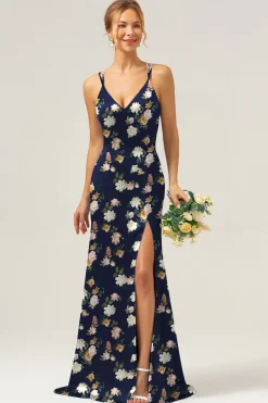 Navy Bloom Sereia Esparguete Correias Longo Cetim Vestido Madrinha com Fenda