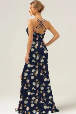 Navy Bloom Sereia Esparguete Correias Longo Cetim Vestido Madrinha com Fenda