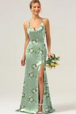 Navy Bloom Sereia Esparguete Correias Longo Cetim Vestido Madrinha com Fenda
