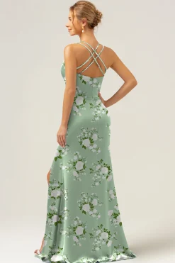 Navy Bloom Sereia Esparguete Correias Longo Cetim Vestido Madrinha com Fenda