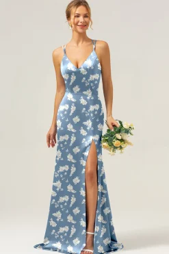 Navy Bloom Sereia Esparguete Correias Longo Cetim Vestido Madrinha com Fenda