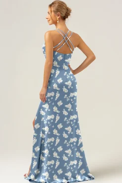 Navy Bloom Sereia Esparguete Correias Longo Cetim Vestido Madrinha com Fenda