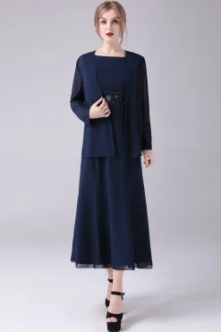 Navy Boat Neck A-line 2 Peças Vestido Mãe da Noiva
