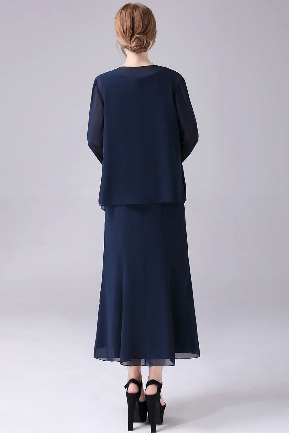 Navy Boat Neck A-line 2 Peças Vestido Mãe da Noiva