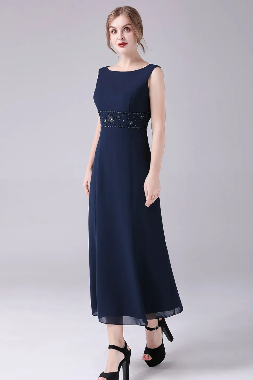 Navy Boat Neck A-line 2 Peças Vestido Mãe da Noiva