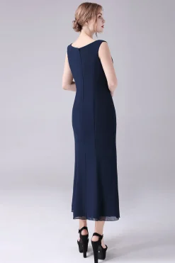 Navy Boat Neck A-line 2 Peças Vestido Mãe da Noiva