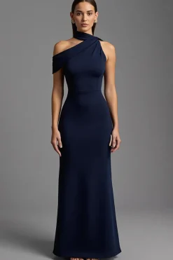 Navy cetim assimétrico pescoço longo vestido formal