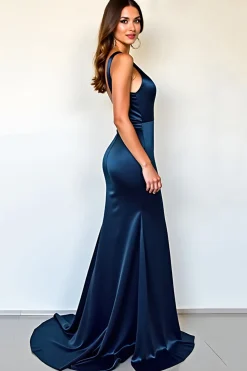 Navy Cetim Deep V Neck Bainha Vestido Formal com Fenda