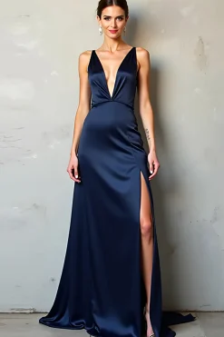Navy Deep V Neck Bainha Cetim Vestido Formal com Fenda