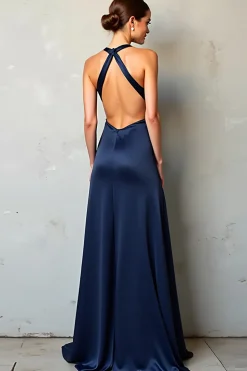Navy Deep V Neck Bainha Cetim Vestido Formal com Fenda