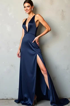 Navy Deep V Neck Bainha Cetim Vestido Formal com Fenda