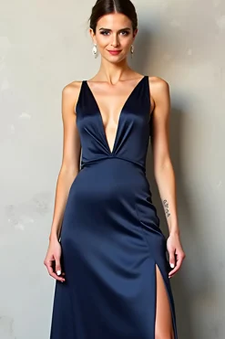 Navy Deep V Neck Bainha Cetim Vestido Formal com Fenda